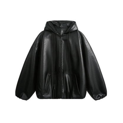 Mens American-Style Retro Simple Hooded Leather Coat Jacket Classic Icon