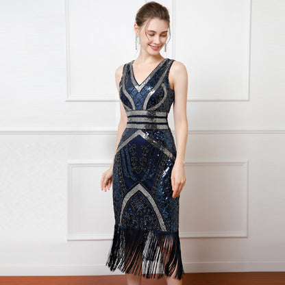 Sexy Sequined Deep V-neck Party Host Performance Wear Cocktail Party Sleeveless Mesh Dress