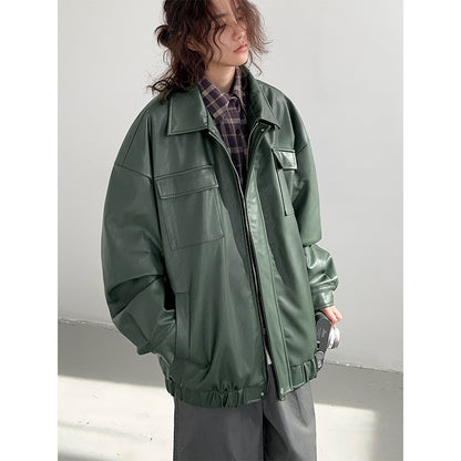 Spring Autumn Leisure Japanese Loose Leather Jacket Effortless Zen