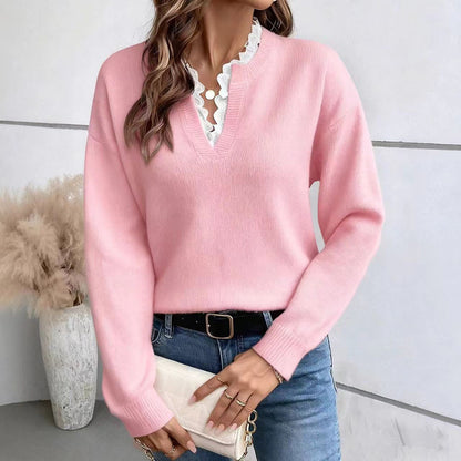 Fashionable Lace V-neck Sweater Solid Color Loose Long Sleeves Knitwear