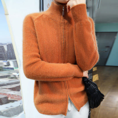Seven-pin Thickened Double Zipper Half Turtleneck Knitted Cardigan Coat Sweater