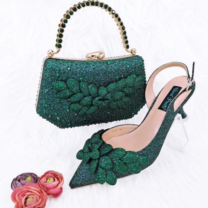 Cross-border Ladies Party Shoes Bag Set Handmade Leaf Decorative Wine Glass Heel