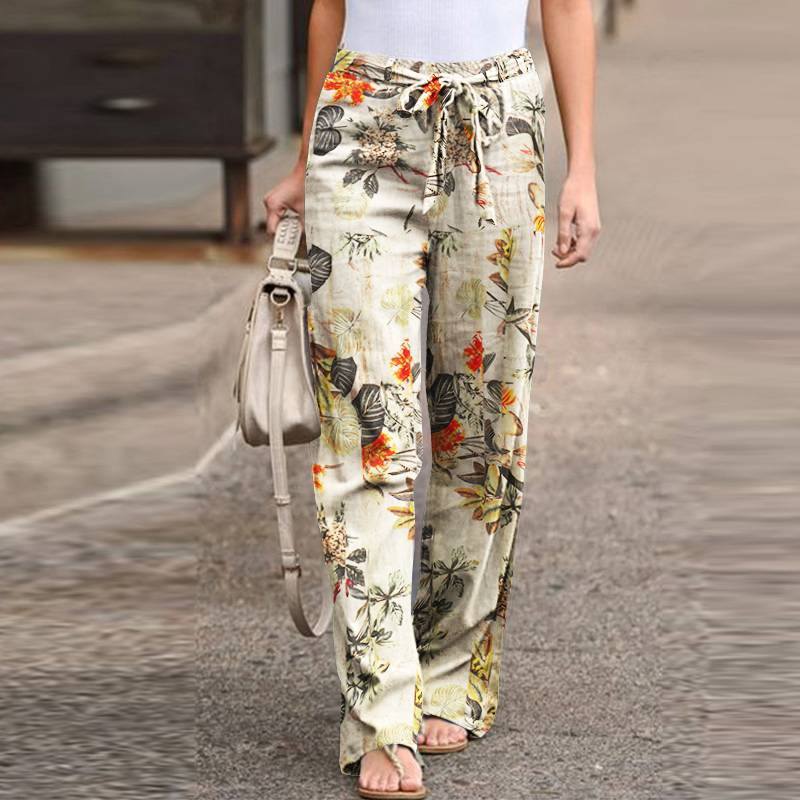 Printed Cotton-Linen Casual Comfortable Elastic Waist Women's Long Pants