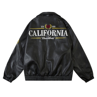 Mens American Embroidery Letters Motorcycle PU Leather Jacket Iconic Americana
