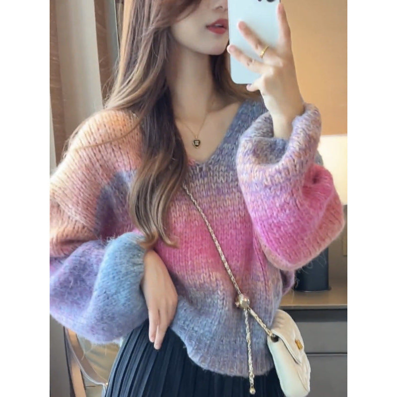 Lazy Fashion V-neck Striped Gradient Sweater