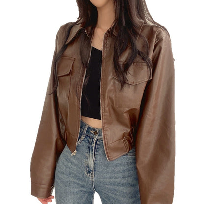 Double Pocket Lapel Leather Coat Leather Jacket Coat