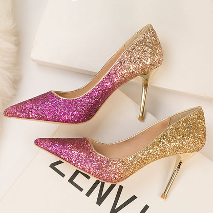 Women's Low-cut Pointed Toe Gradient Sequin High Heels