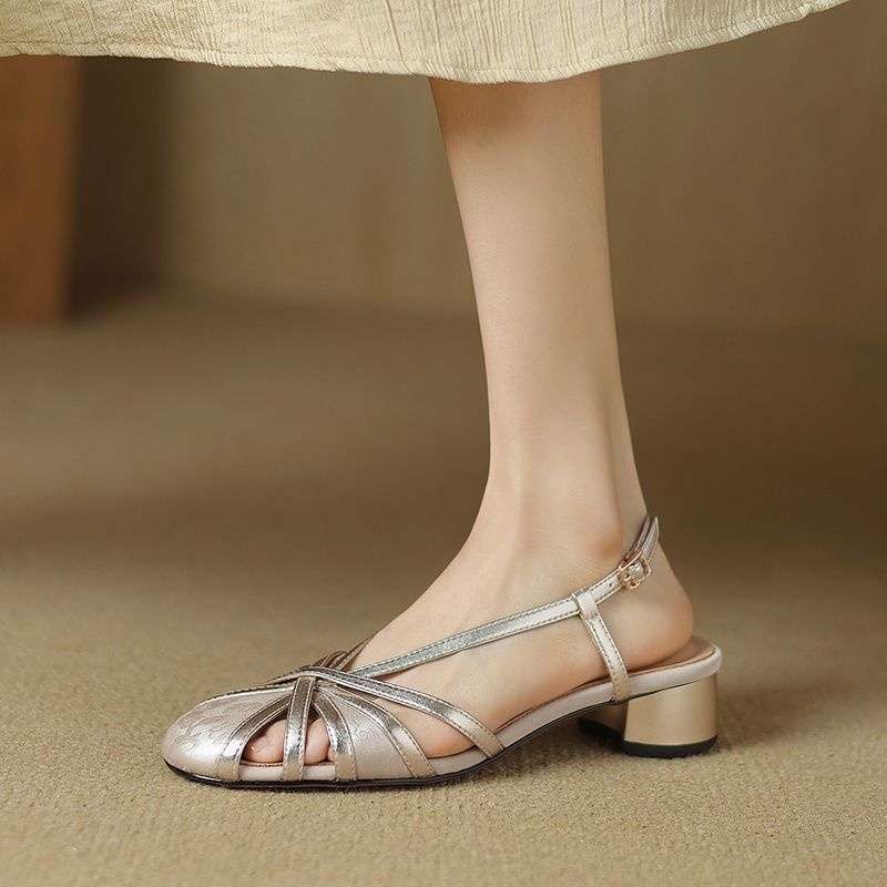 Retro New Chinese Style Round Head Chunky Heel Sandals