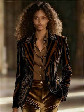 Casual Loose Vintage Velvet Leopard Print Colorblock Lapel Coat Printed Pattern