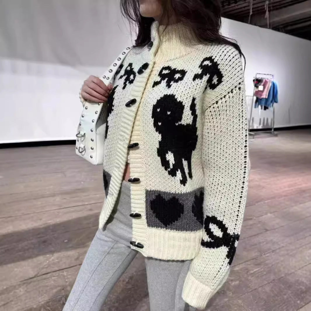 Pattern Stand Collar Knitted Coat For Women