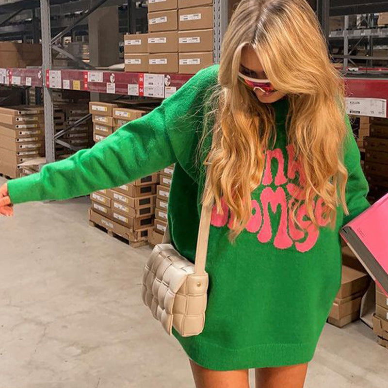 Round Neck Long Sleeve Letter Pattern Knitted Sweater Women's Pullover