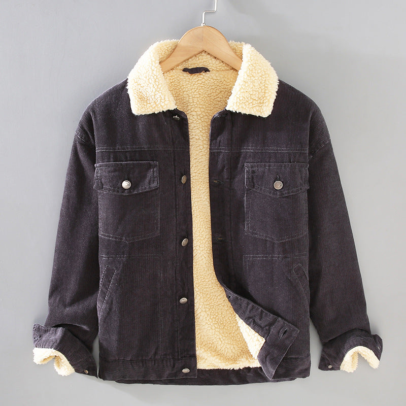 Mens Corduroy Workwear American Retro Lapels Jacket Heavy Imitation Lamb Wool Thickened Cotton-Padded Heritage Labor