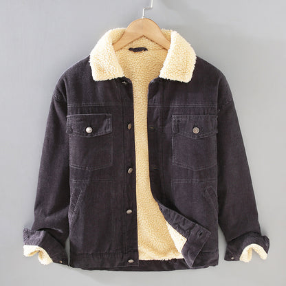 Mens Corduroy Workwear American Retro Lapels Jacket Heavy Imitation Lamb Wool Thickened Cotton-Padded Heritage Labor