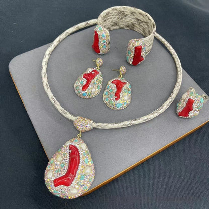 New Genuine Leather Snakeskin Sea Bamboo Inlaid Pearl Autumn And Winter Four-piece Jewelry Set