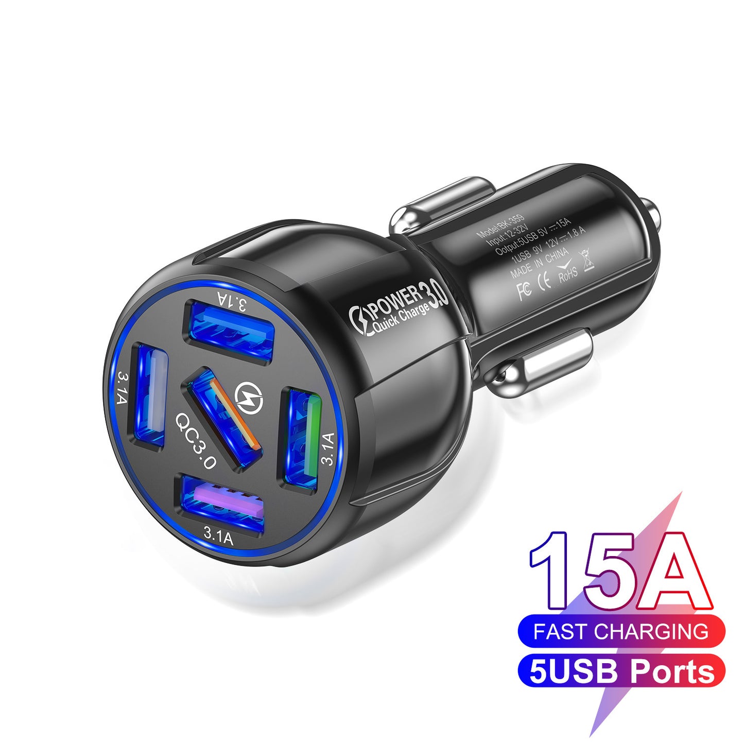 PentaCharge QC3: 5-Port 15A QC3.0 High-Capacity Automotive Hub