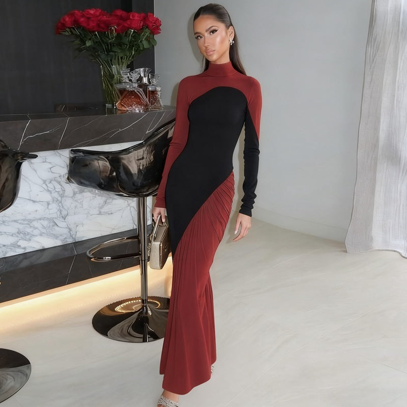 Fashionable Slim-fit Turtleneck Design Long Sleeve Contrasting-color Dress