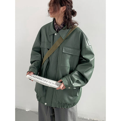 Spring Autumn Leisure Japanese Loose Leather Jacket Effortless Zen
