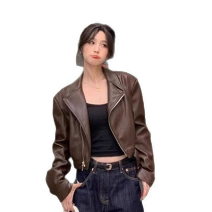 Women's Retro Long-sleeved Leather Coat Jacket
