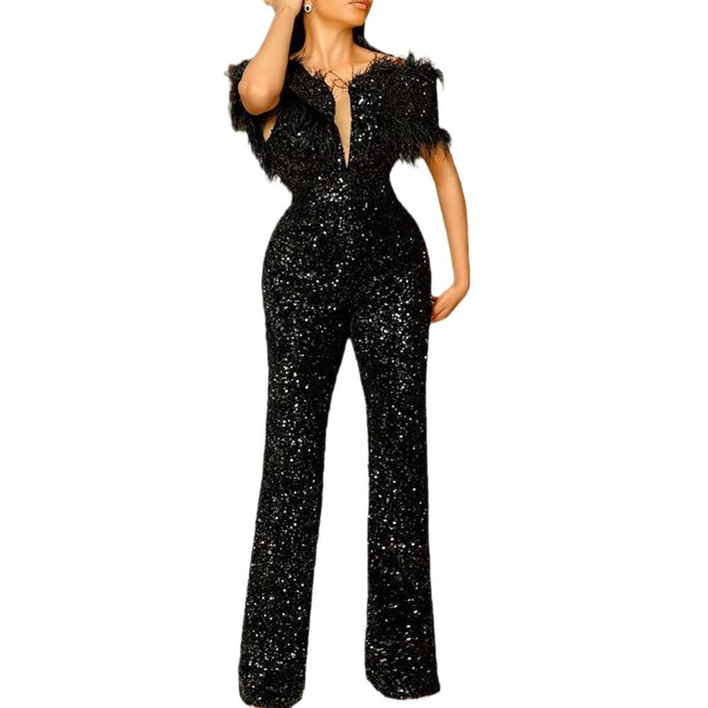 European And American Women's Clothing Jumpsuit Feather Sequins Slim Fit
