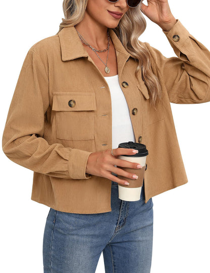 Corduroy Button Cropped Jacket For Women