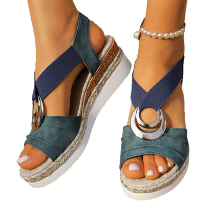 Plus Size Women's Metal Buckle Decorative Hemp Rope Wedge Light Bottom Peep Toe Sandals