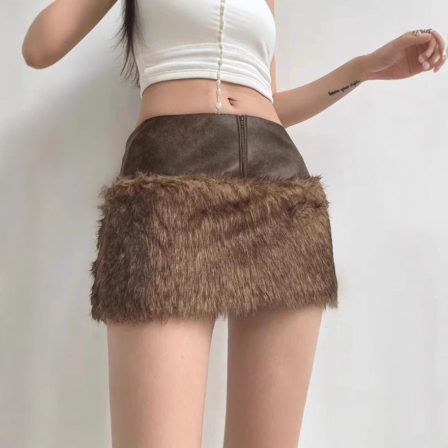 Retro Short Furry Skirt Fox Fur