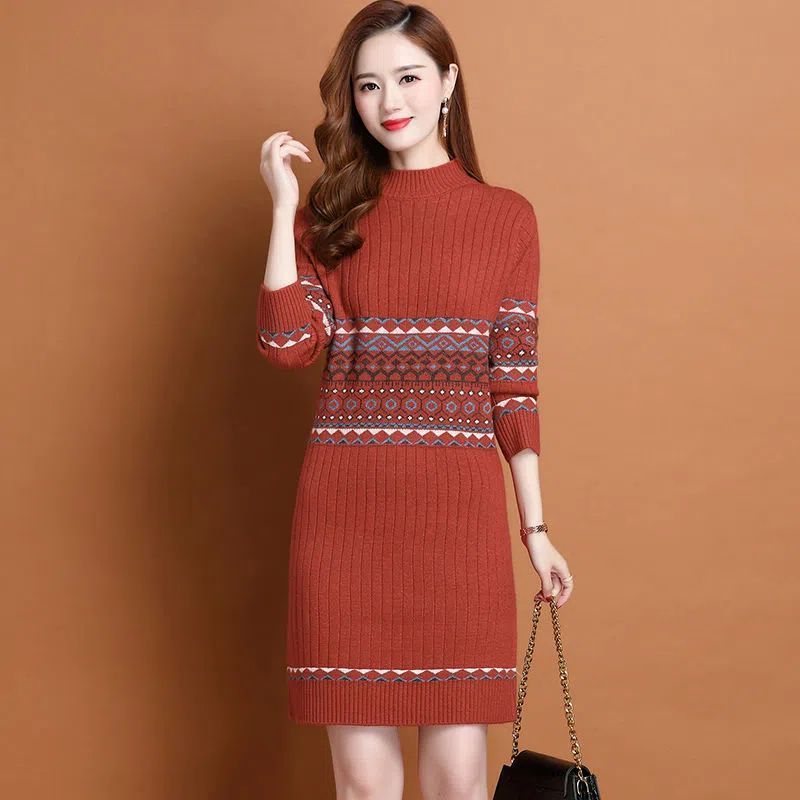 Thermal Head Cover Half Turtleneck Mid-length Bottoming Sweater Women's Woolen Skirt