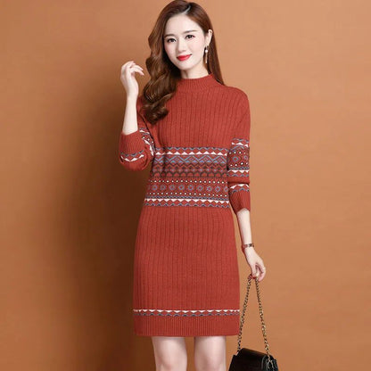 Thermal Head Cover Half Turtleneck Mid-length Bottoming Sweater Women's Woolen Skirt