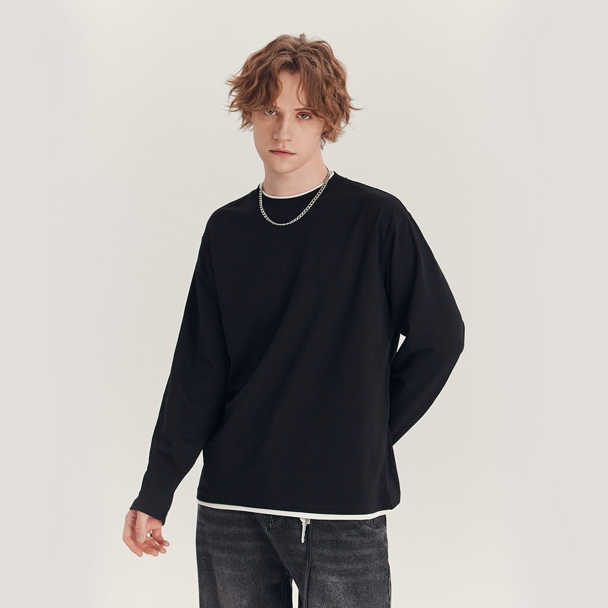 Men's Long-sleeved T-shirt Loose Round Neck Contrast Color Top