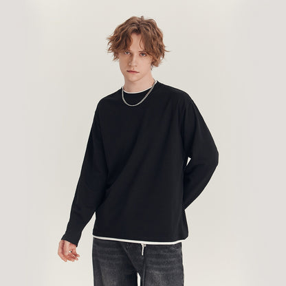 Men's Long-sleeved T-shirt Loose Round Neck Contrast Color Top