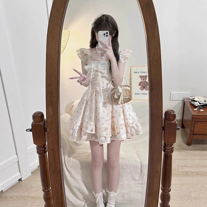 Women's Flounced Sleeve Bow Floral Dress