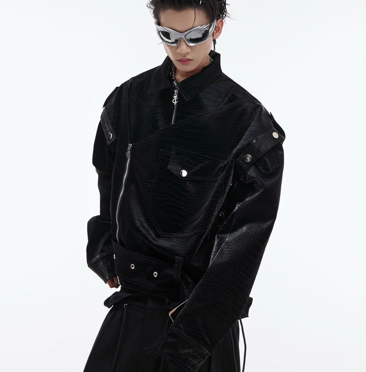 Padded Shoulder PU Leather Coat Deconstruction Design Sense Architectural Boldness