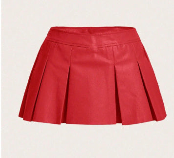 New Bottoms Solid Color PU Leather Pleated Skirt