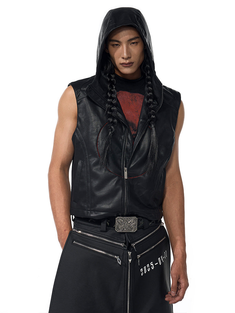 Short Hood Slim Fit Leather Waistcoat Coat Mens Summer Five-Pointed Star PU Edgy Playful