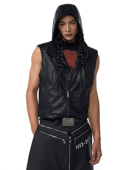 Short Hood Slim Fit Leather Waistcoat Coat Mens Summer Five-Pointed Star PU Edgy Playful