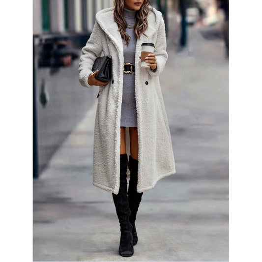 Fashionable Long Solid-color Long-sleeve Plush Hooded Jacket For Women Coat