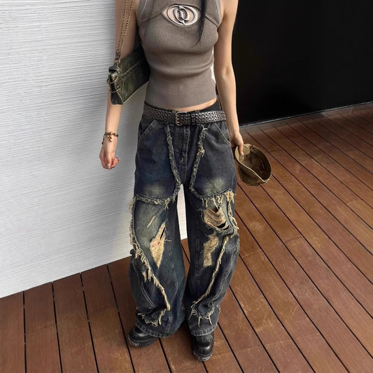 American High Street Design Ripped Jeans Spring And Autumn Retro Distressed Big Pocket