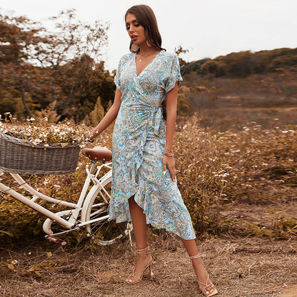 V Neck Tie Slim Short Sleeve High Waist Print Ladies Dress