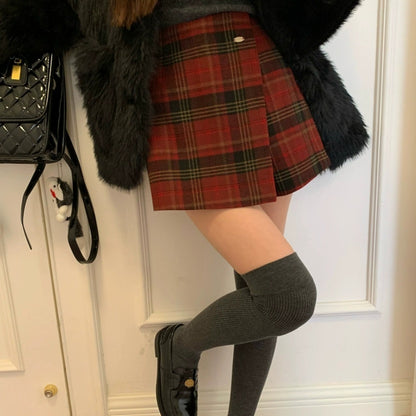 Winter Plaid Woolen Pants And Skirts To Prevent Exposure, Lazy A-line Short Skirts And Shorts