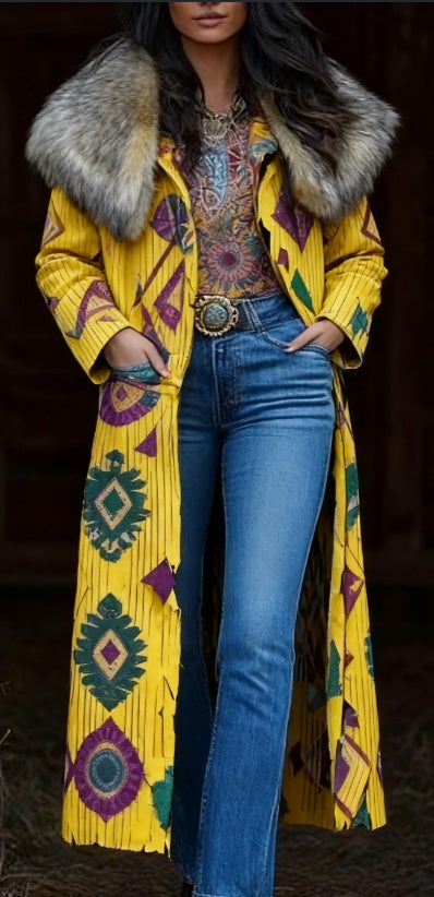 Fashion Retro Women's Coat, Warm Printed Long Coat