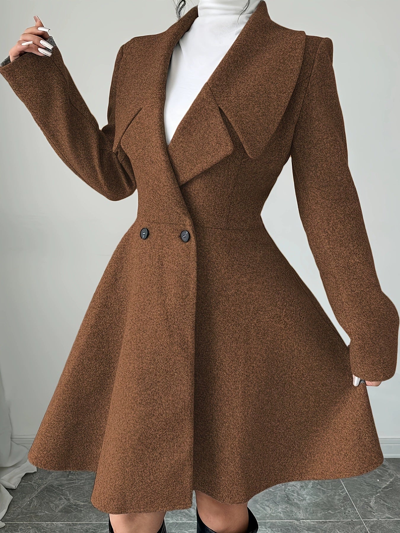 Wool Coat With A Cinched Waist Dress Design, Elegant Long Sleeves