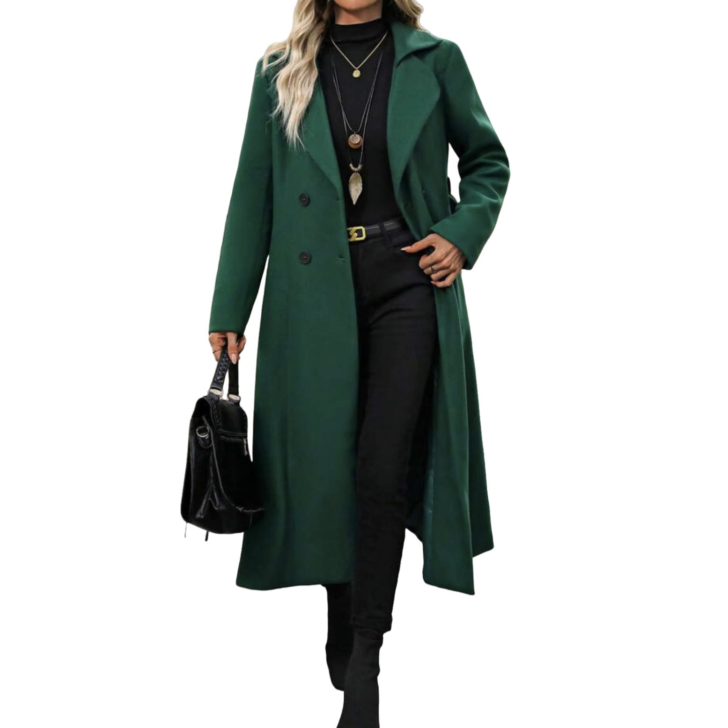 Women's Long Woolen Double-Breasted Coat With Lapel Collar And Belt