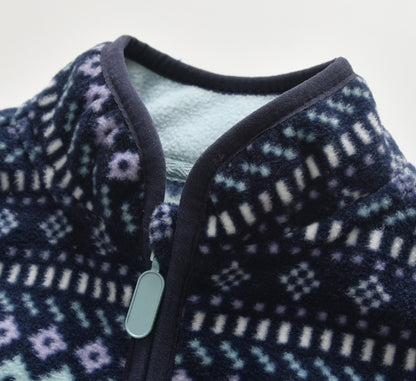 Baby Polar Fleece Jacket Navy Blue Striped Thin Long Sleeve Stand Collar Top