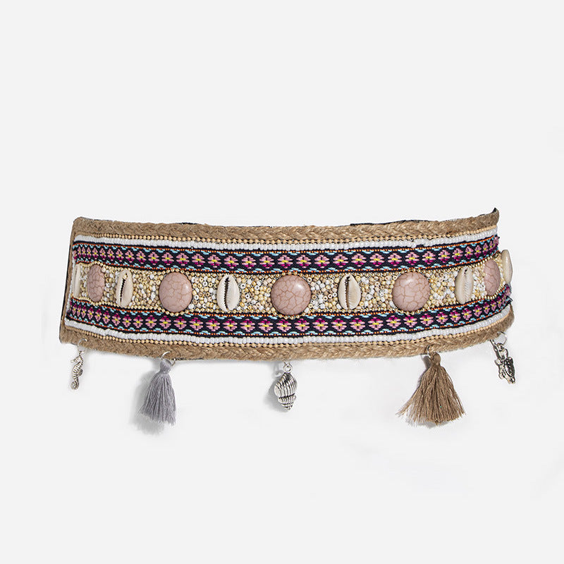 Ethnic Beads Hemp Rope Shell Popular Wide Waist Seal