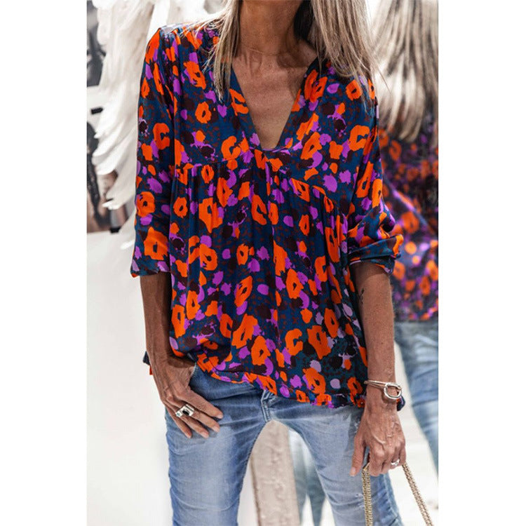 New Style Blouse Women Printing V-Neck Long-Sleeved T-Shirt Women