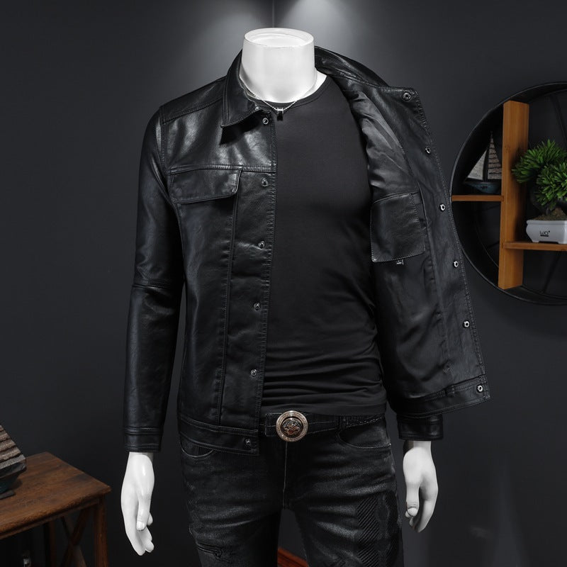 Mens Long-Sleeved Lapel Motorcycle PU Handsome Leather Coat Refined Rider
