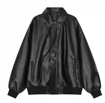 Mens Short Zipper Lapel Loose Casual PU Leather Jacket Effortless Street