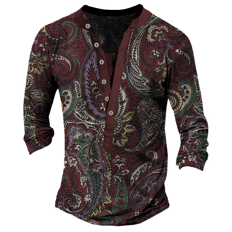 Heritage Retro Henry Neck Printed Long Sleeve T-Shirt