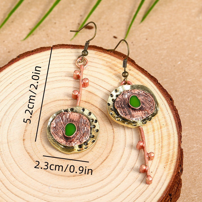 Retro Creative Asymmetric Bronze Special-interest Design Inlaid Gemstone Earrings