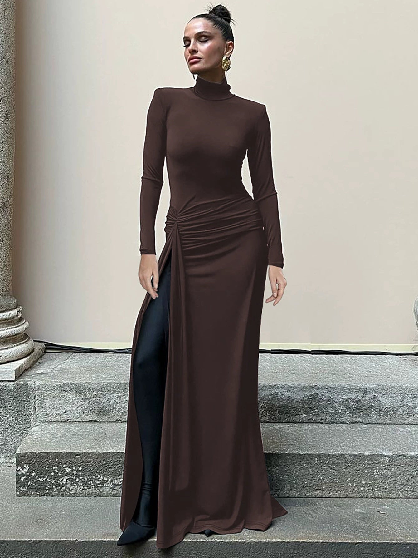 Sexy Slit Bodycon Long Dress, Hot Girl Turtleneck Fitted Dress